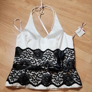 NWT XSCAPE Joanna Chen Satin Lace Halter Corset Top Off White Black Size 10‎